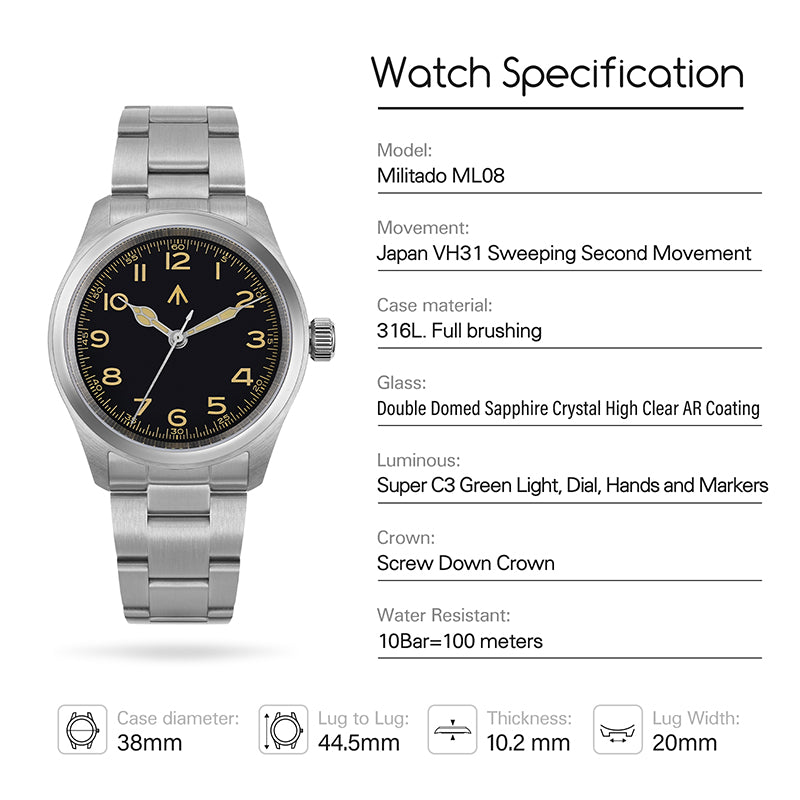 ★UK Warehouse★Militado VH31 38mm Field Watch ML08