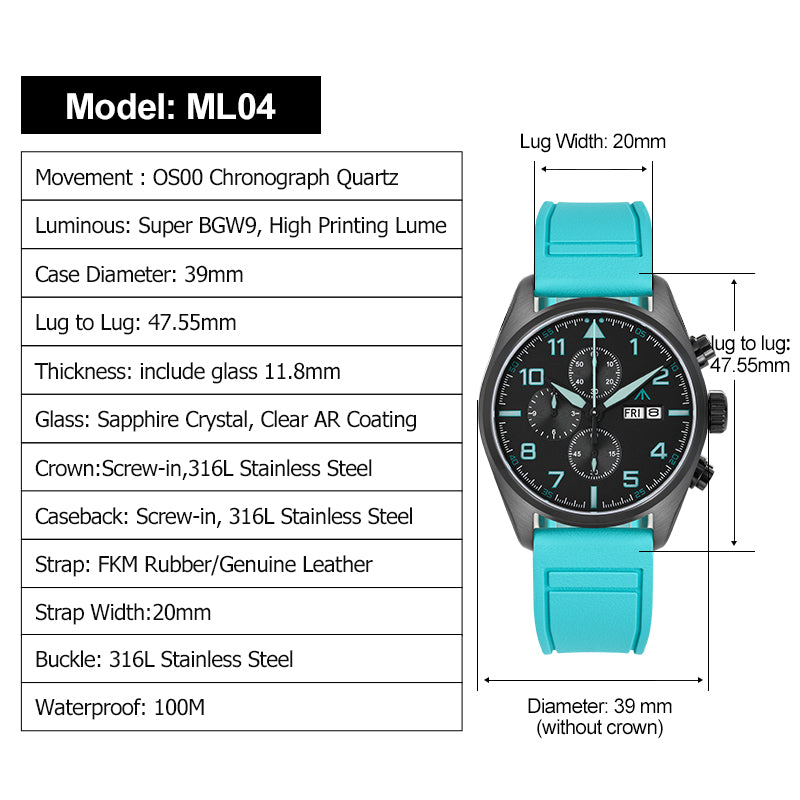 Militado 39mm Sapphire Crystal Pilot Field Chronograph Watch