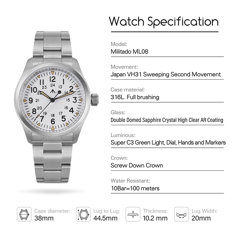 ★UK Warehouse★Militado VH31 38mm Field Watch ML08