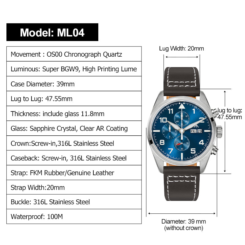 Militado 39mm Sapphire Crystal Pilot Field Chronograph Watch