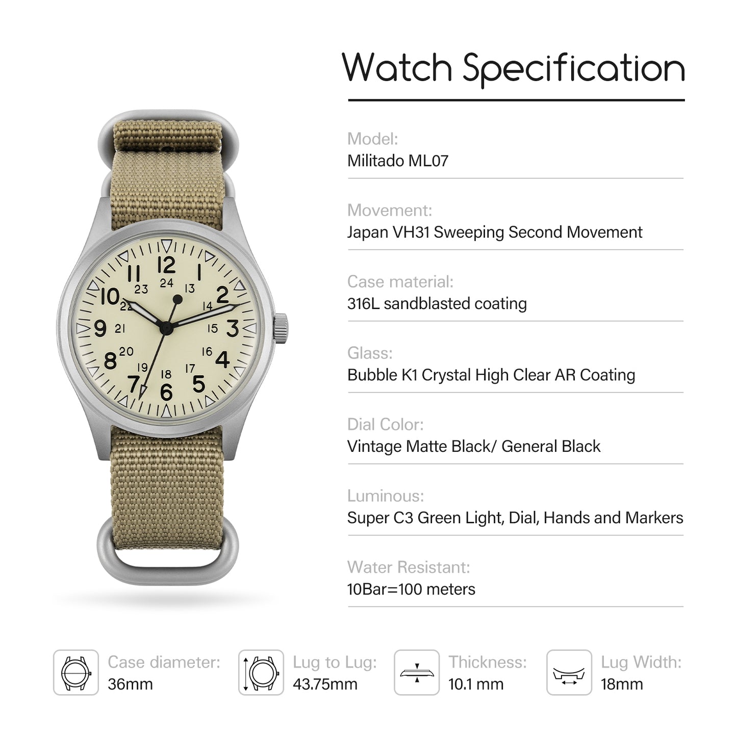 Militado ML07 VH31 36mm Field Watch
