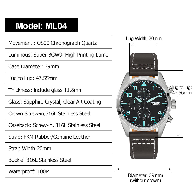 Militado 39mm Sapphire Crystal Pilot Field Chronograph Watch