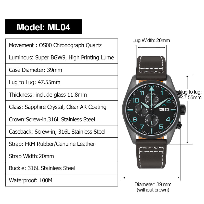 Militado 39mm Sapphire Crystal Pilot Field Chronograph Watch