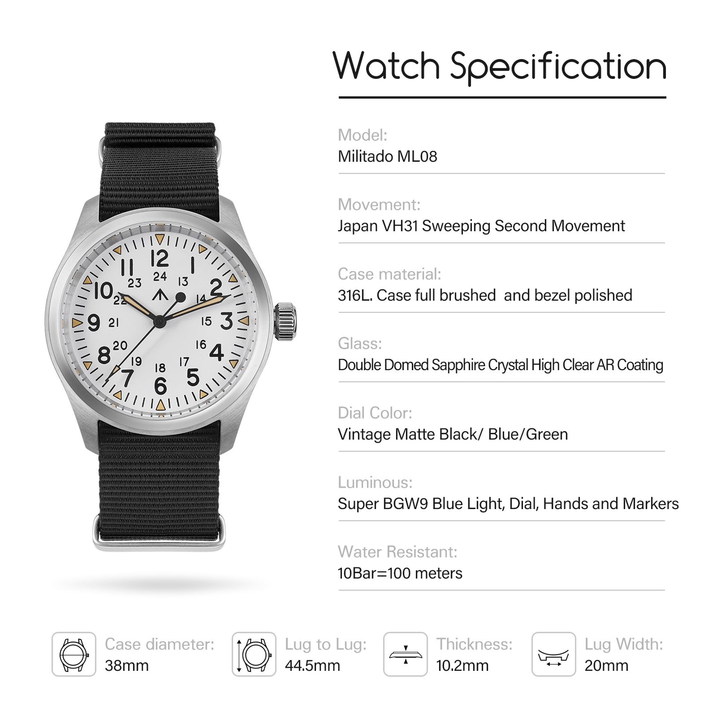 ★UK Warehouse★Militado VH31 38mm Field Watch ML08