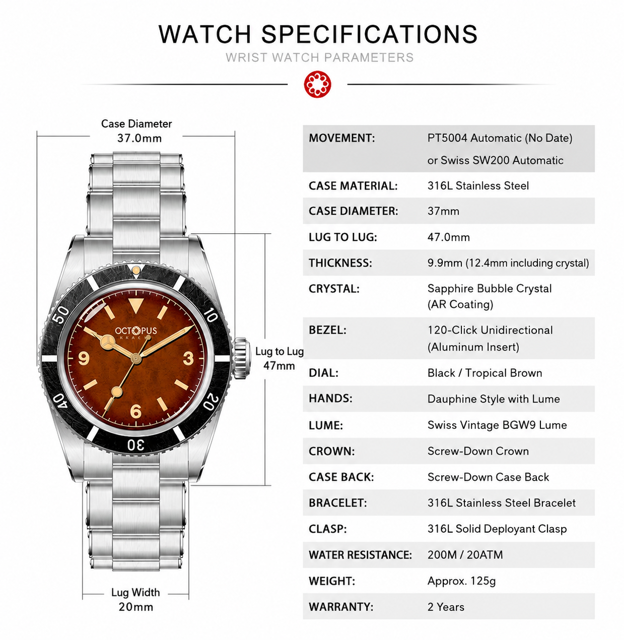 🎈New Arrivals🎈 Octopus Kraken PT5004 37mm Automatic Watch OCT-0028