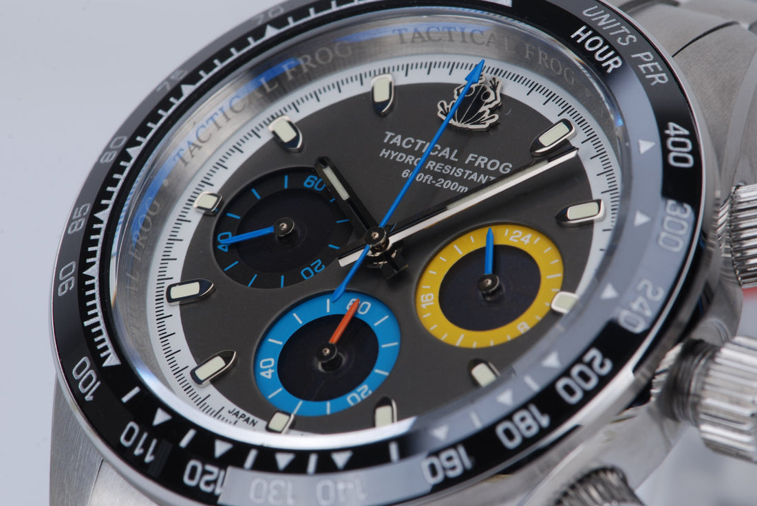 Close-up of Tactical Frog VS75 V2 solar chronograph dial with colorful subdials and tachymeter bezel