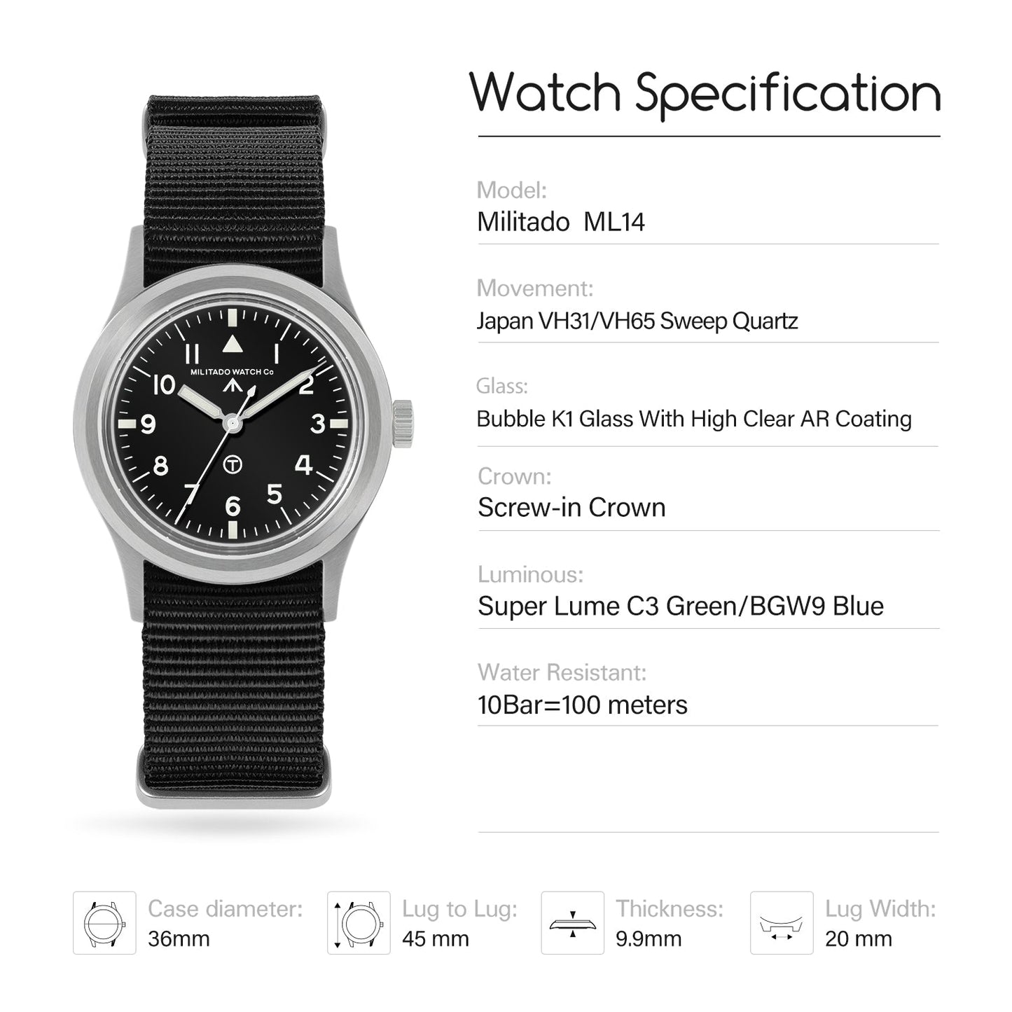 Militado 36mm Retro Military Watch VH31/VH65 Sweeping Hand ML14 V2