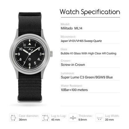 Militado 36mm Retro Military Watch VH31/VH65 Sweeping Hand ML14 V2