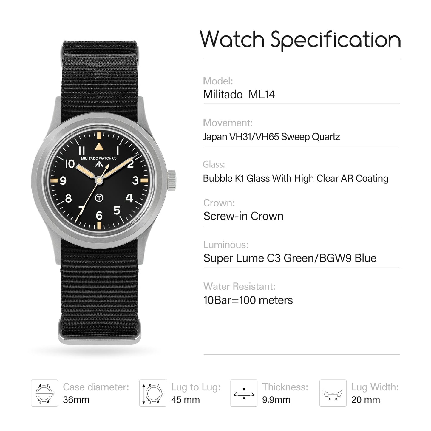 Militado 36mm Retro Military Watch VH31/VH65 Sweeping Hand ML14 V2