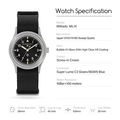 Militado 36mm Retro Military Watch VH31/VH65 Sweeping Hand ML14 V2