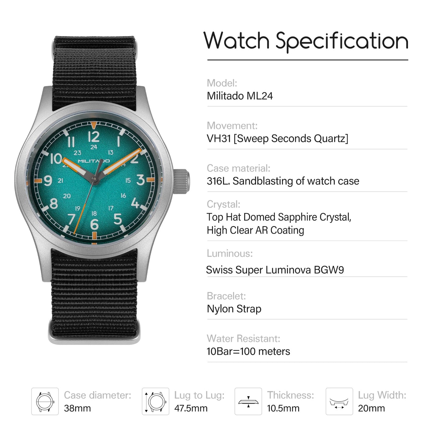 Militado 38mm Military Watch VH31 Sweeping Hand Movt Watch ML24