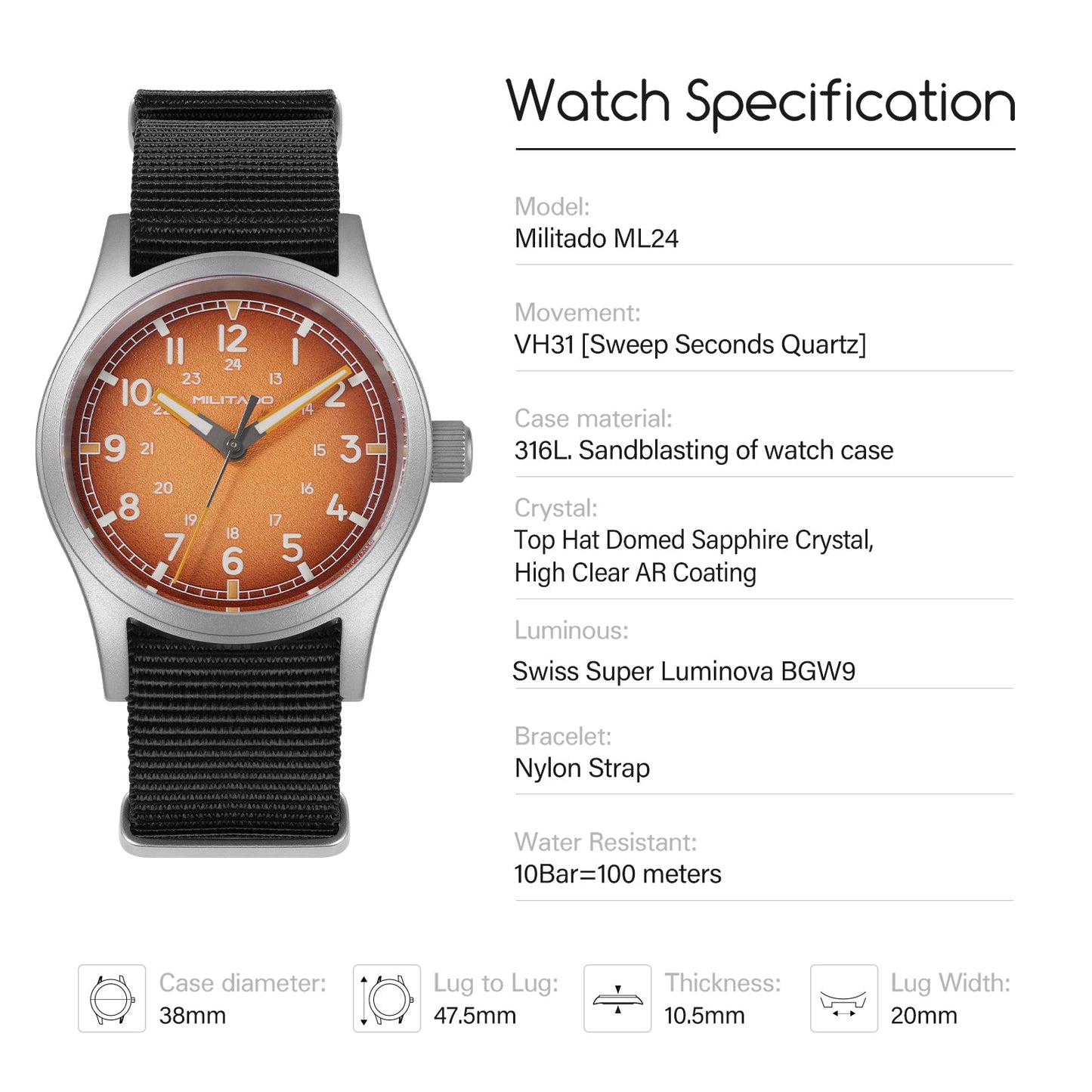 Militado 38mm Military Watch VH31 Sweeping Hand Movt Watch ML24