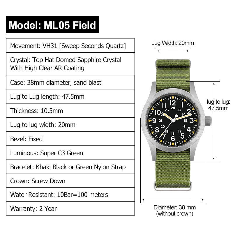 UK Warehouse ▪ Militado ML05 38mm Sapphire Crystal Pilot Field Watch