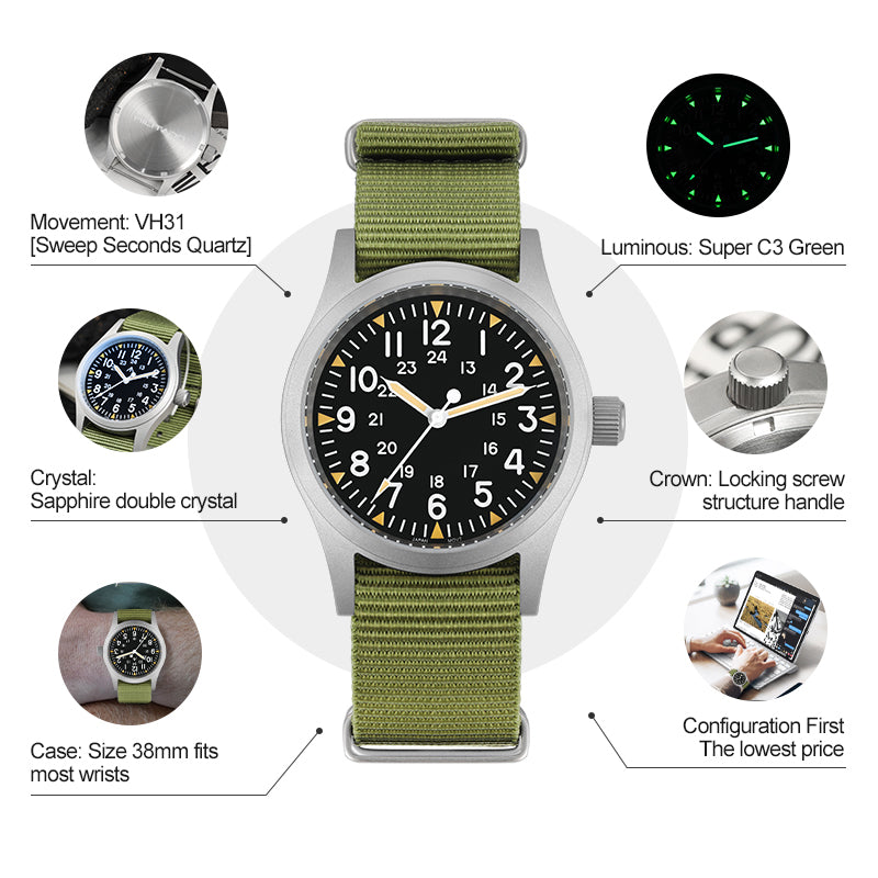 Militado ML05 38mm Sapphire Crystal Pilot Field Watch