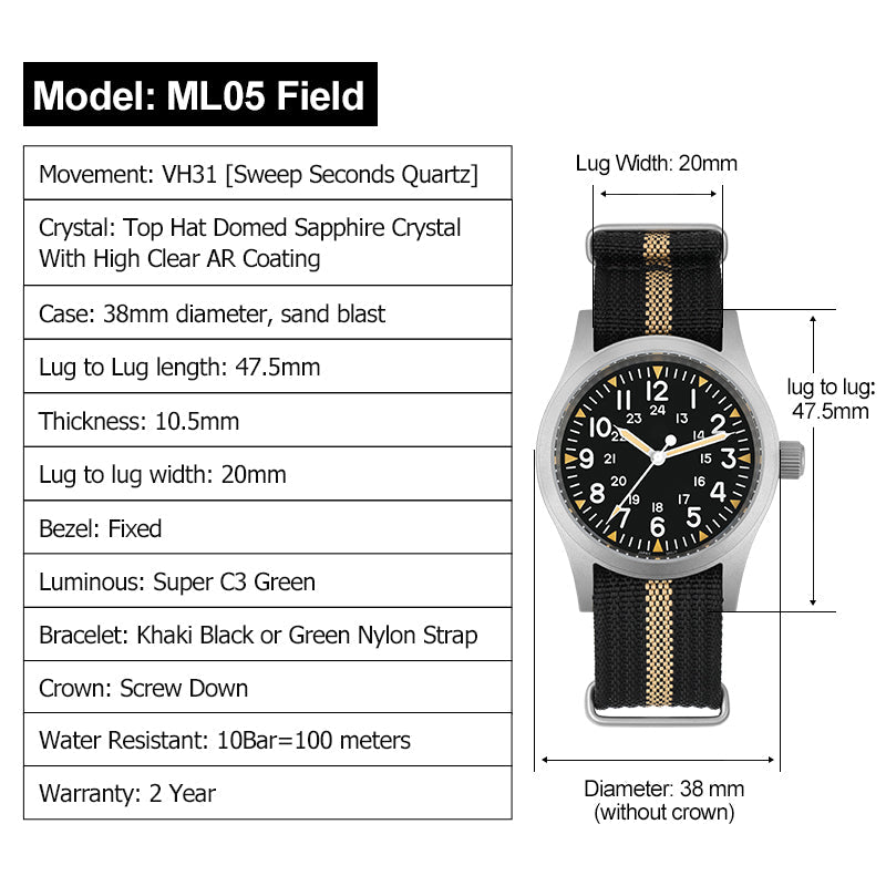 UK Warehouse ▪ Militado ML05 38mm Sapphire Crystal Pilot Field Watch