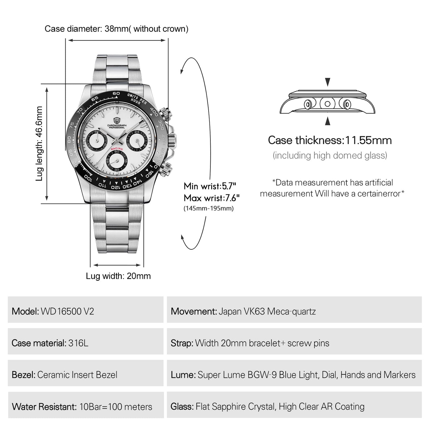Watchdives WD16500 38mm VK63 Chronograph Watch V2