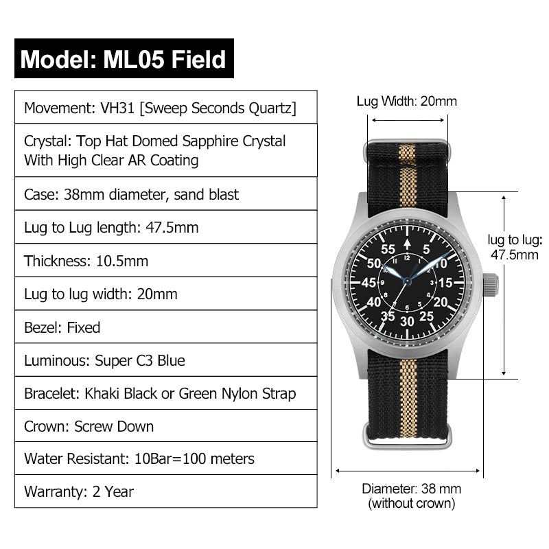 Militado 38mm Sapphire Crystal Pilot Field Watch