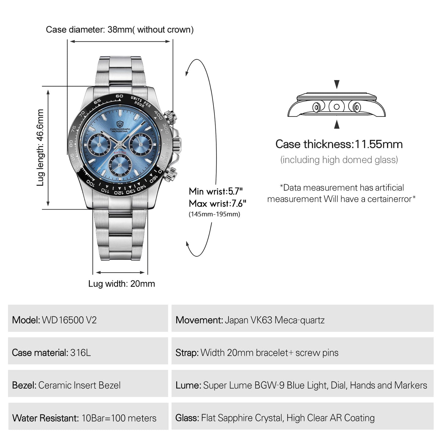 Watchdives WD16500 38mm VK63 Chronograph Watch V2