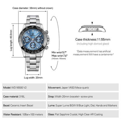 Watchdives WD16500 38mm VK63 Chronograph Watch V2