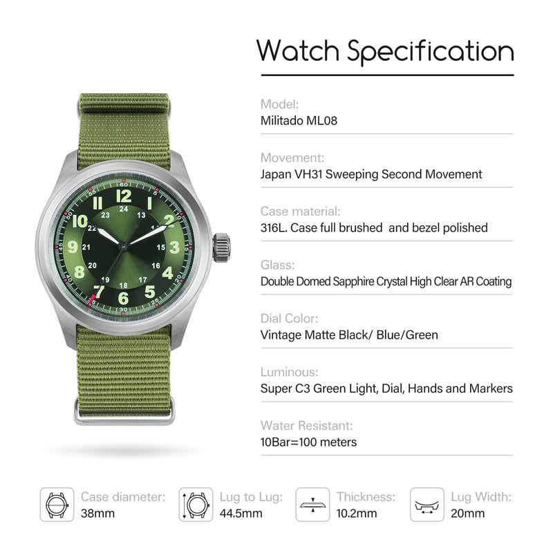 ★UK Warehouse★Militado VH31 38mm Field Watch ML08