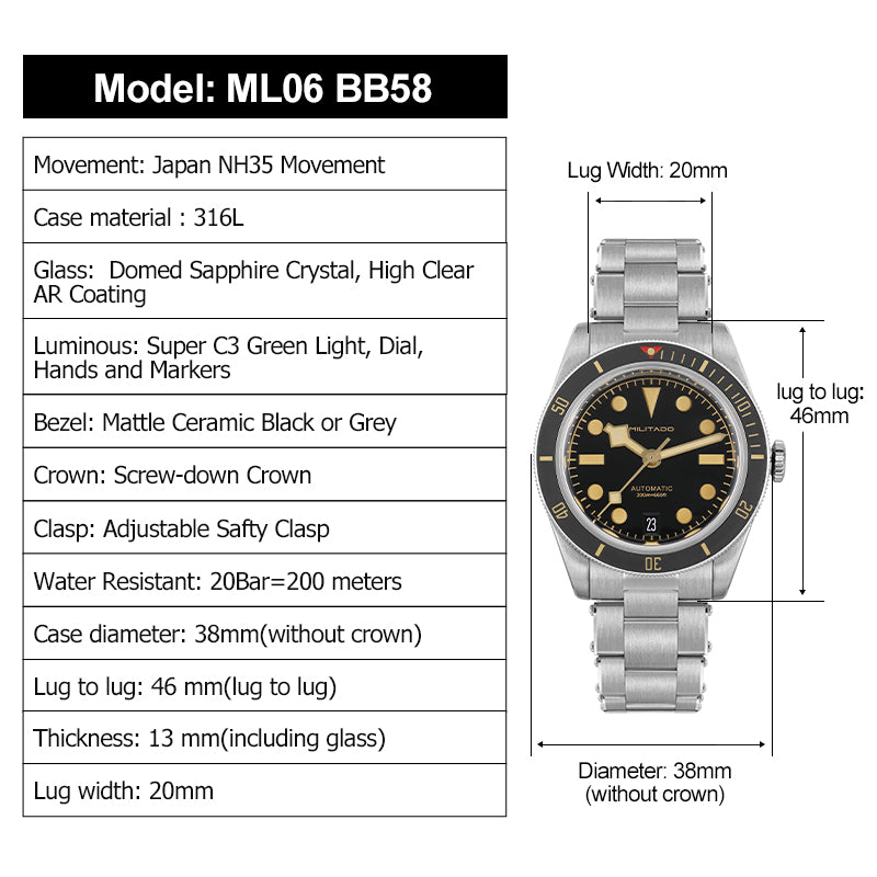 Militado BB58 38mm Mechanical dive Watch