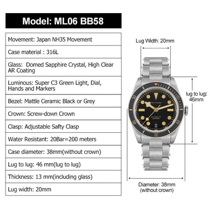 Militado BB58 38mm Mechanical dive Watch