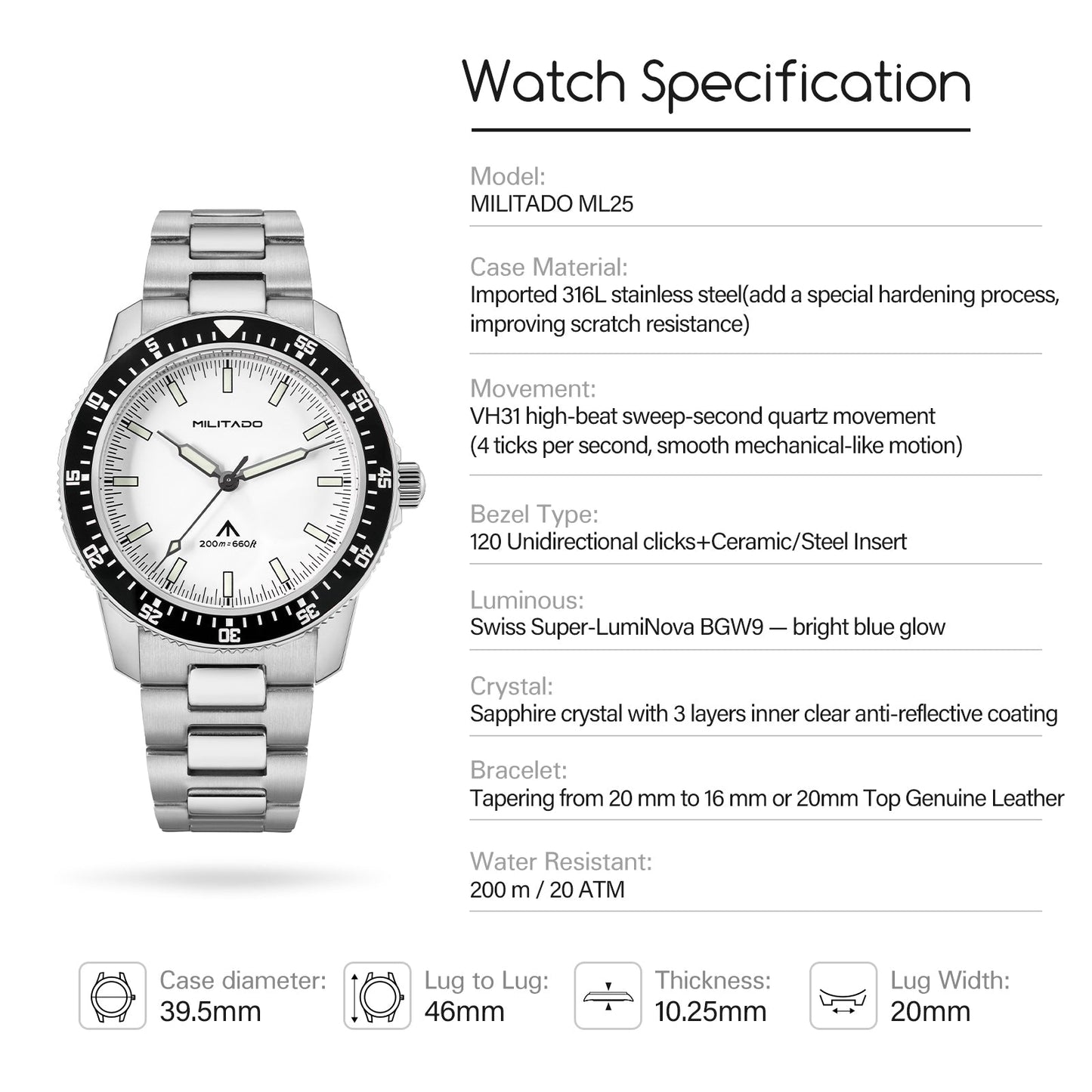 Militado 39.5mm Men Watch VH31 Sweeping Movt ML25