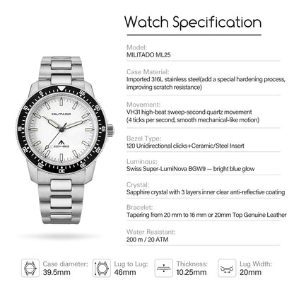 Militado 39.5mm Men Watch VH31 Sweeping Movt ML25