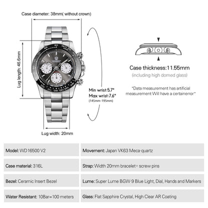 Watchdives WD16500 38mm VK63 Chronograph Watch V2