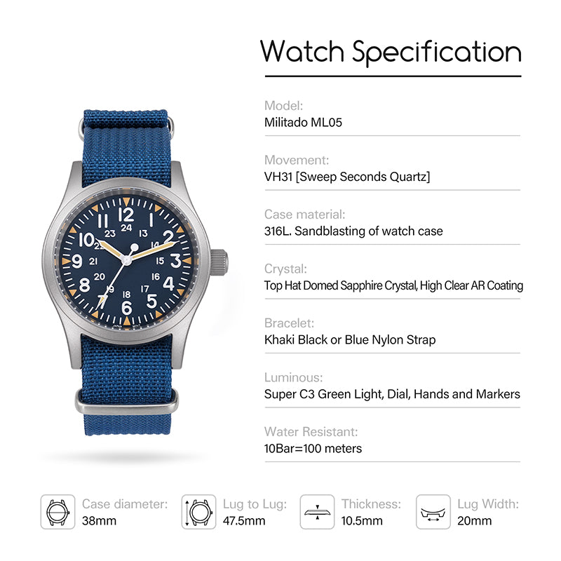 Militado ML05 38mm Sapphire Crystal Pilot Field Watch