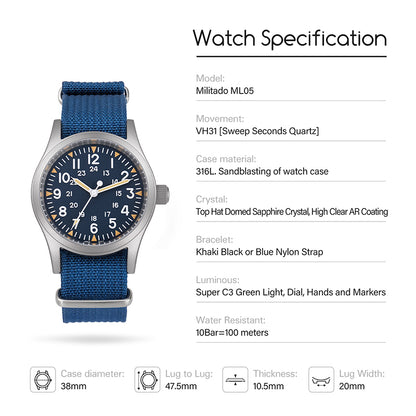 Militado ML05 38mm Sapphire Crystal Pilot Field Watch