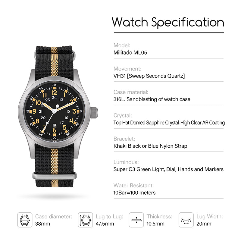 Militado ML05 38mm Sapphire Crystal Pilot Field Watch