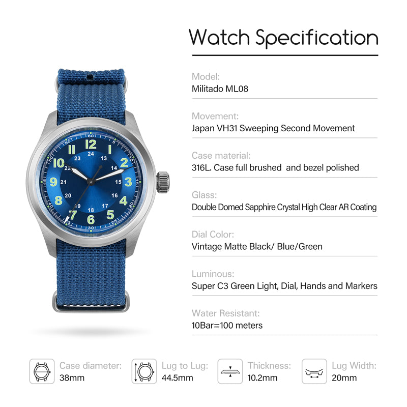 ★UK Warehouse★Militado VH31 38mm Field Watch ML08