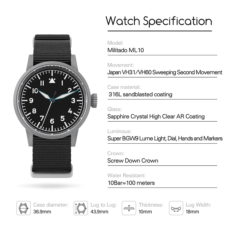Militado 37mm Sapphire Crystal Retro Flieger Pilot Watch Ml10 V2