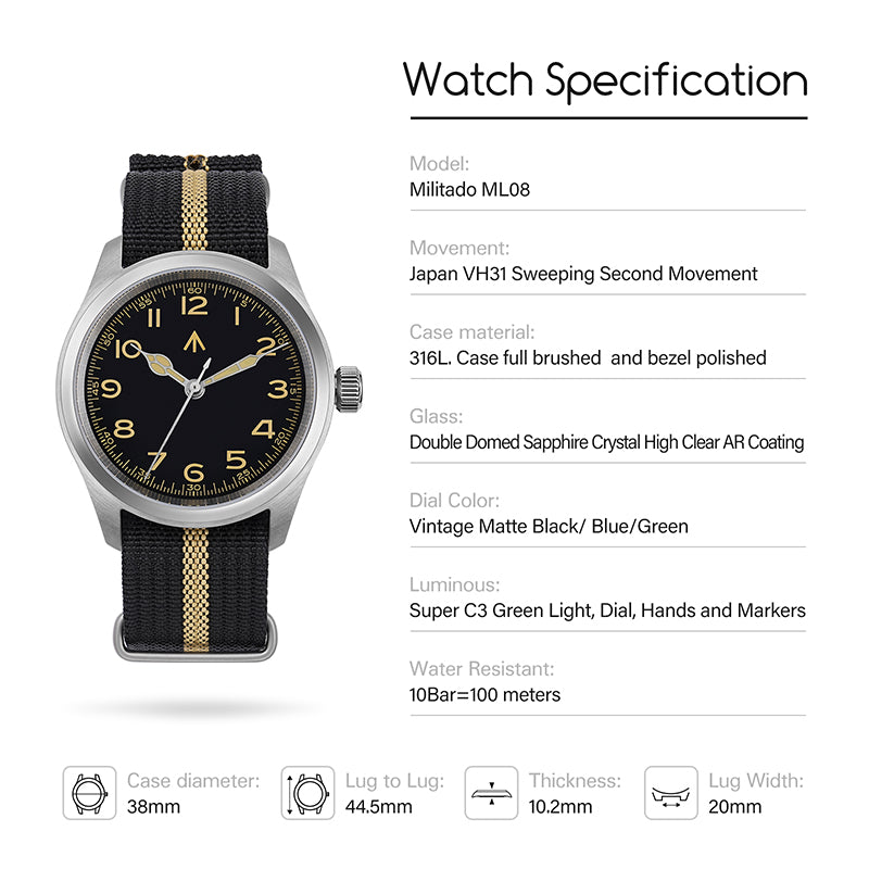 ★UK Warehouse★Militado VH31 38mm Field Watch ML08