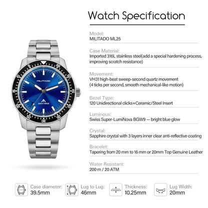 Militado 39.5mm Men Watch VH31 Sweeping Movt ML25