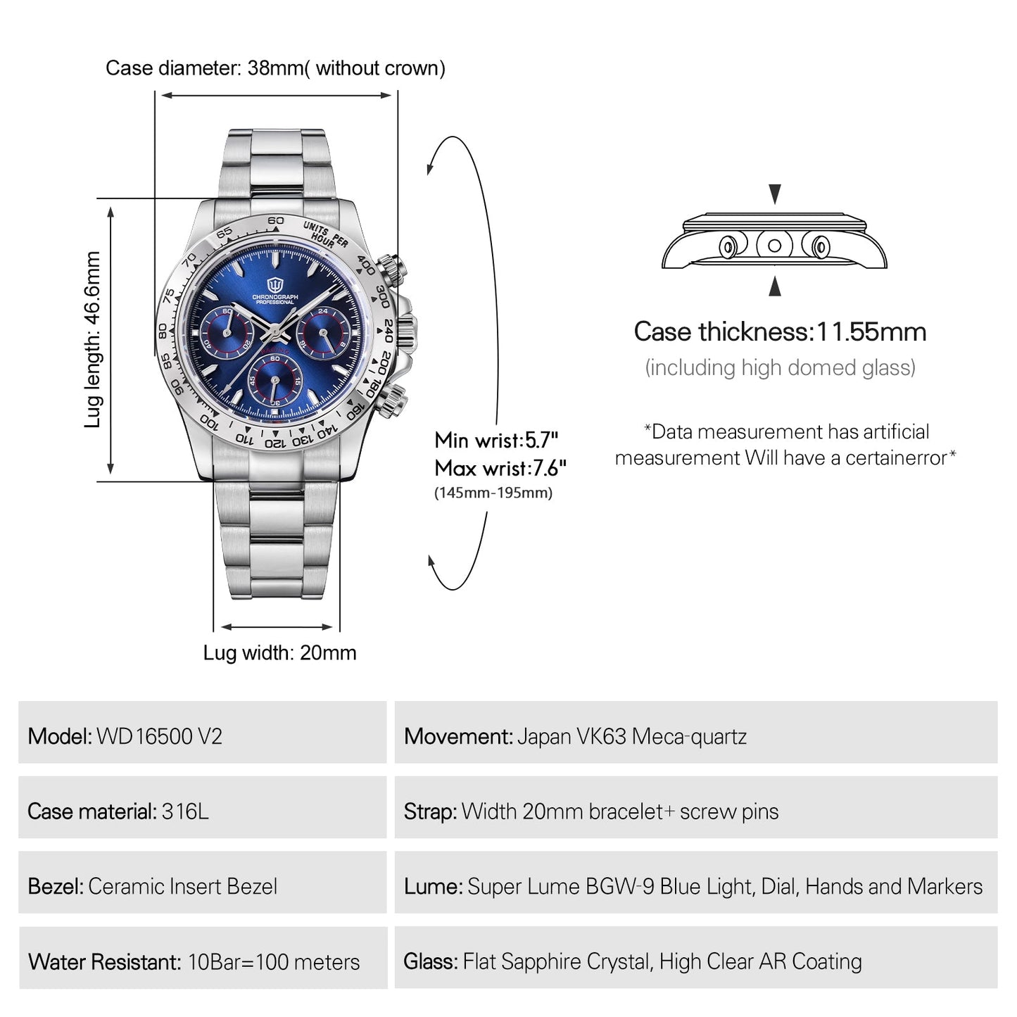 Watchdives WD16500 38mm VK63 Chronograph Watch V2