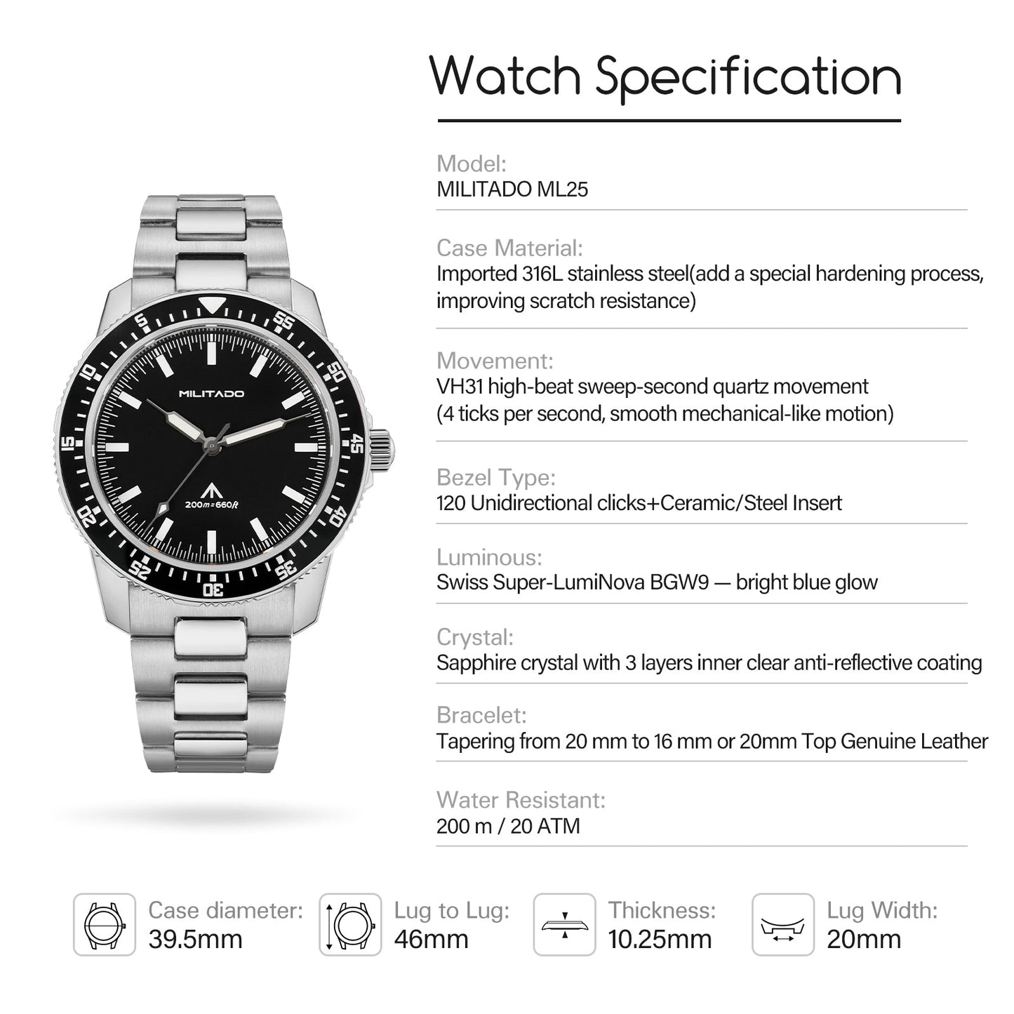 Militado 39.5mm Men Watch VH31 Sweeping Movt ML25