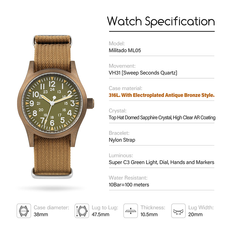 ★Limited Edition★Militado ML05 38mm VH31 Vintage Bronze Watch