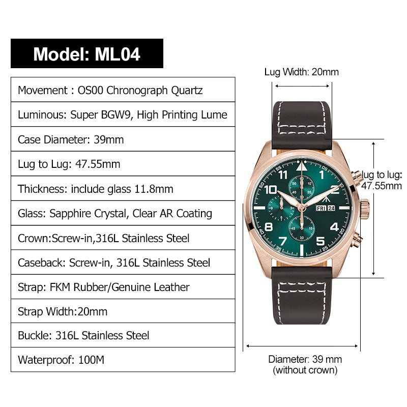 Militado 39mm Sapphire Crystal Pilot Field Chronograph Watch