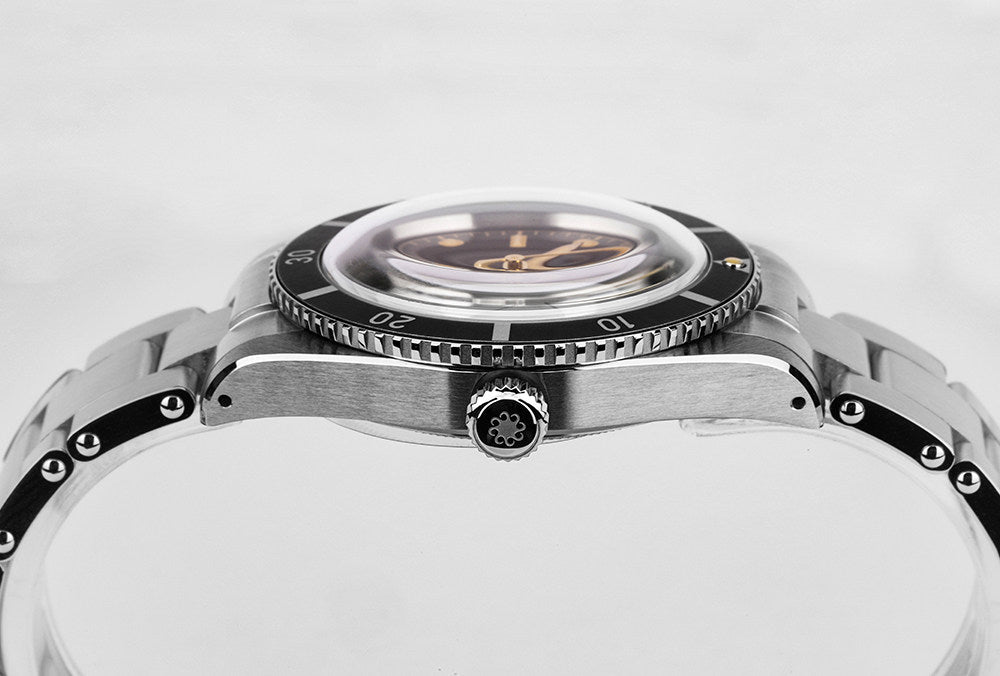 Octopus Kraken tropical brown dial wrist angle view