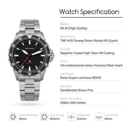 Militado 39mm Dive Watch Sapphire Crystal Military Watch ML16