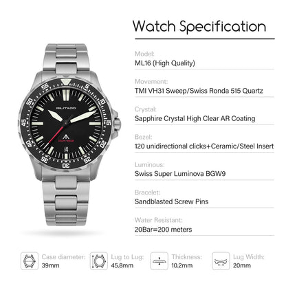 Militado 39mm Dive Watch Sapphire Crystal Military Watch ML16