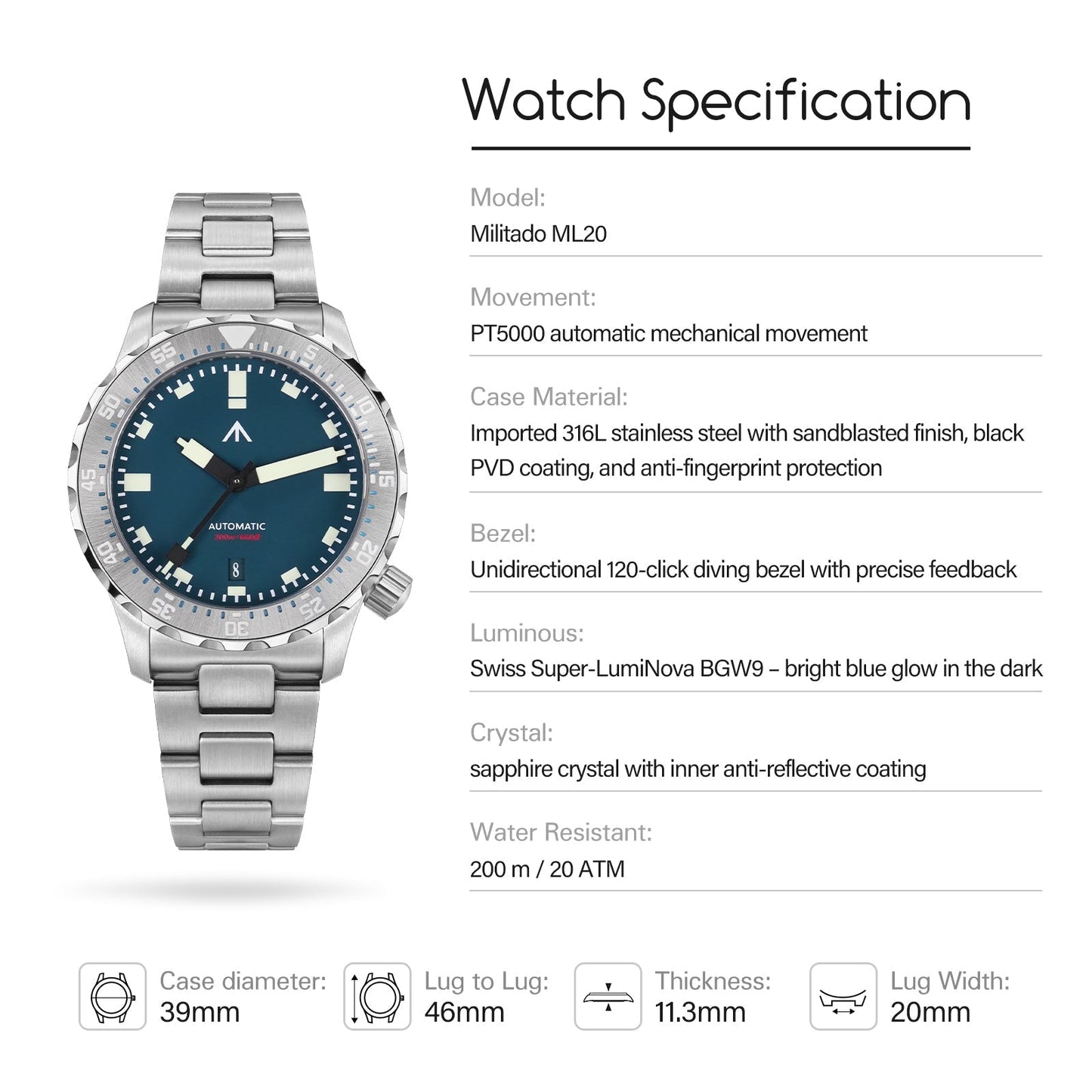 Militado 39mm Dive Watch PT5000 Automatic Mech Watch ML20