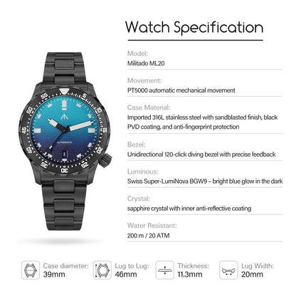 Militado 39mm Dive Watch PT5000 Automatic Mech Watch ML20