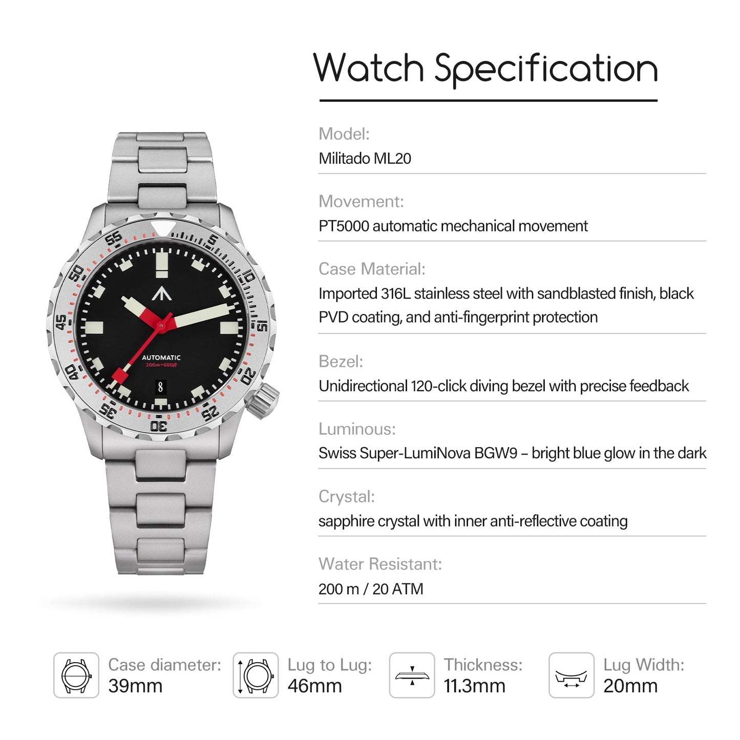 Militado 39mm Dive Watch PT5000 Automatic Mech Watch ML20