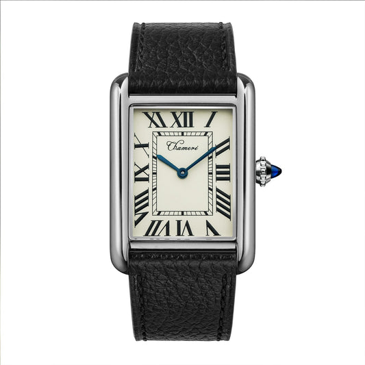 Chameri CH01 rectangular quartz watch with ivory dial and blue hands