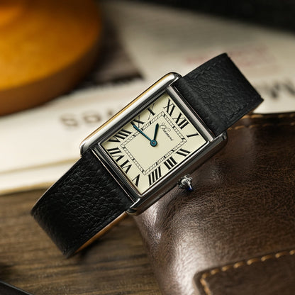 Chameri CH01 rectangular dial and sapphire crystal close-up