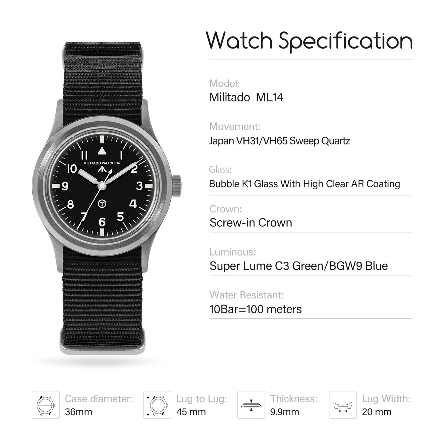 Militado 36mm Retro Military Watch VH31/VH65 Sweeping Hand ML14 V2