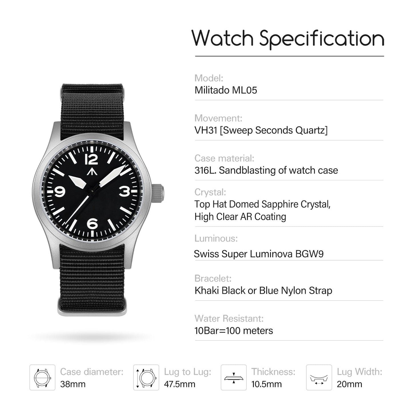 Militado 38mm Field Watch ML05 369 Dial